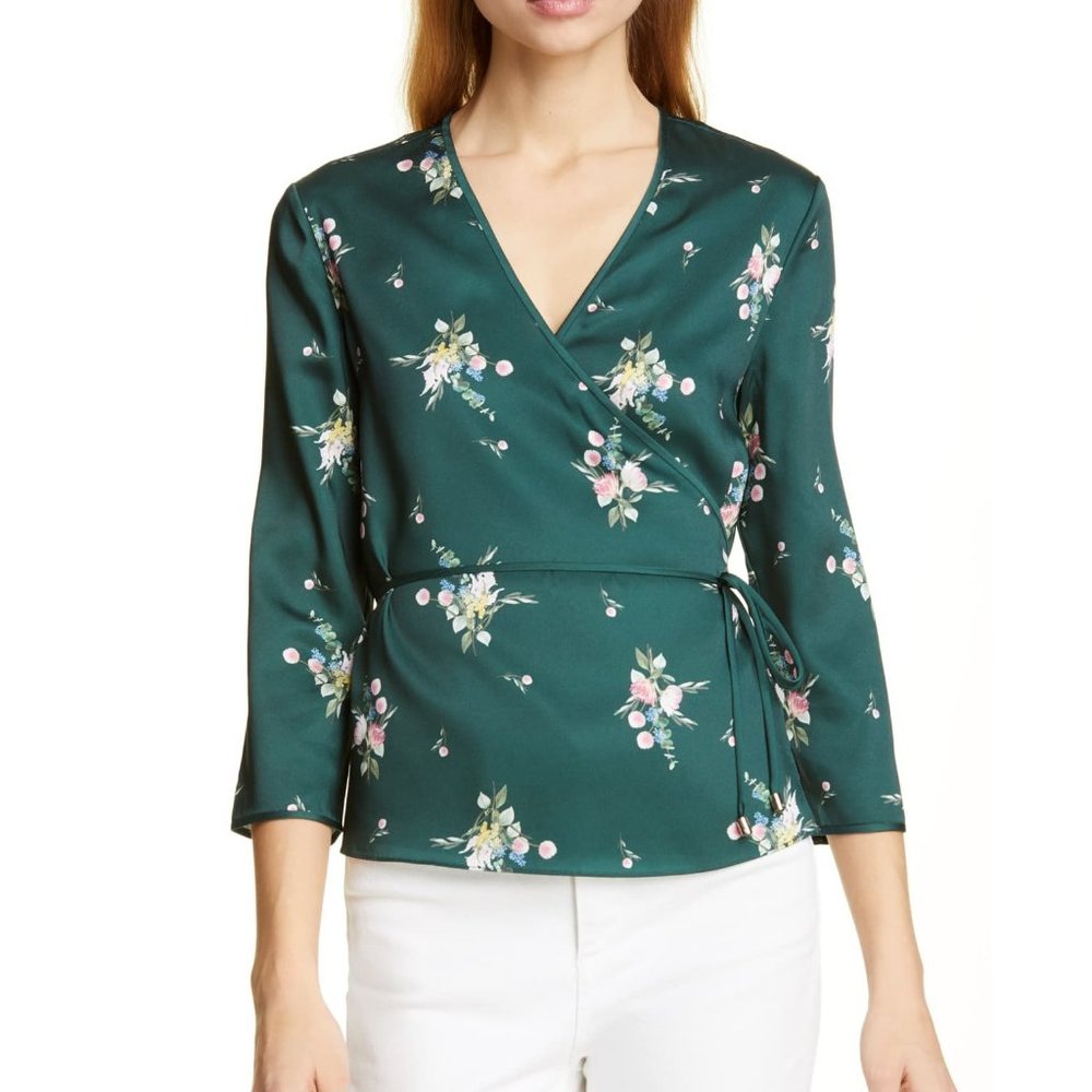 NWT Ted Baker Floral Wrap Blouse, US 8,  Elegant V-Neck Tie Top